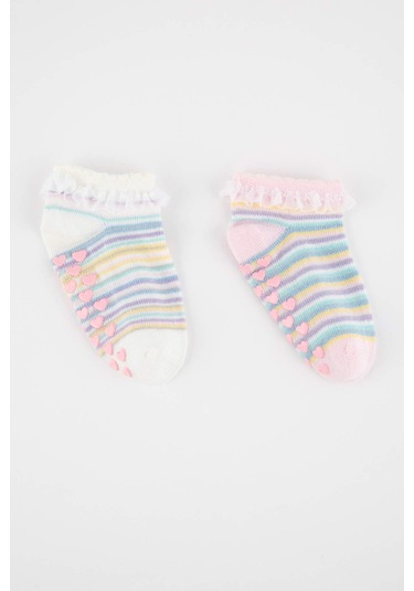 Defacto Kız Bebek Kaydırmaz Taban 2'li Pamuklu Patik Çorap A1482A5NSKR1 Çok Renkli