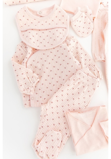 Çiçek Desenli Fırfırlı Pamuklu 10 Parça Kız Bebek Hastane Çıkışı Bebek Takımı Somon
