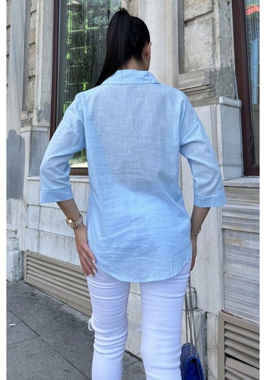 Kadın Mavi Truvakar Kol, Oval Kesim, Terletmez, Flamlı Keten Salaş Gömlek Mavi