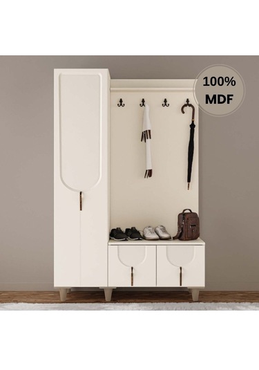 Açelya Mdf Raflı Askılıklı Ayaklı Tasarım Portmanto Ayakkabılık Krem