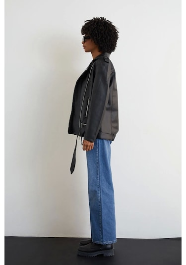 Genculus Uzun Deri Ceket Kadın Oversize Kesim Kemerli Model Çok Renkli
