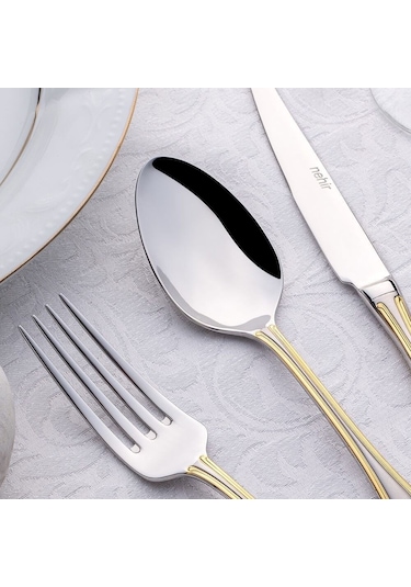 Nehir Lalezar Altın Sade 12 Kişilik 89 Parça Kutulu Çatal Kaşık Bıçak Takımı