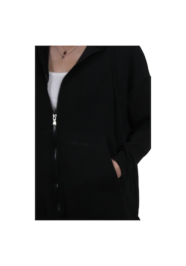 Kadın Modal Kumaş Yumuşak Dokulu Fermuarlı Rahat Kalıp Siyah Kapüşonlu Ceket Hırka Siyah