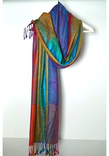 Pashmina Şal - Gökkuşağı Kadın Şal - %100 Paşmina Yünü Saks Mavi