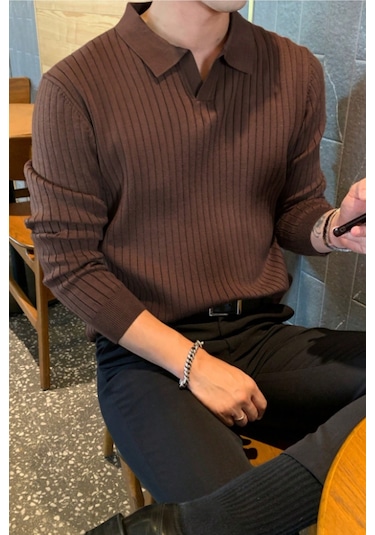 Cool Tarz Erkek Polo Yaka Triko Kazak Slim Fit Fitilli Kahverengi