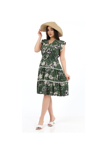 Kadın Viskon Yarım Kol V Yaka Gipeli Elbise Haki Haki