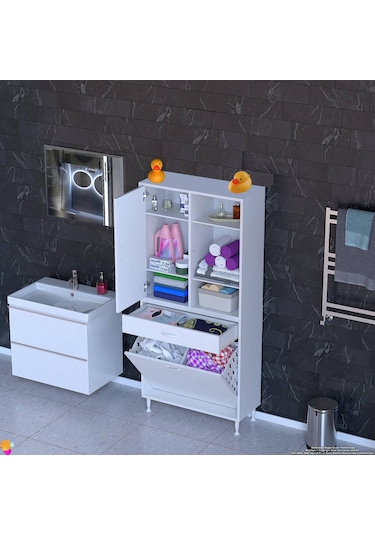 Modilayn Afra 75x173x32,5cm 1 Çekmece, 2 Göz Sepet, 1 Kapak, 6 Raf Dar Alan Banyo Dolabı Beyaz