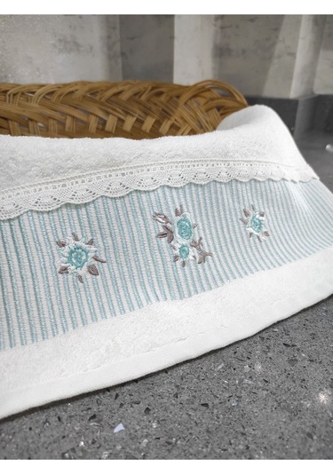 %100 Pamuk & Nakışlı Havlu Takımı - 2'li Dantelli Havlu Seti - 40x60 Cm Mint Yeşili Mint