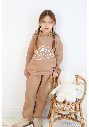 3 İp Baskılı Kapüşonlu Şardonlu İkili Takım Kahverengi