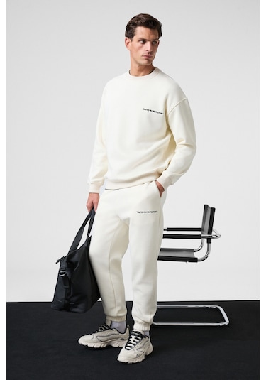 MARSHALL Erkek Pamuklu İçi Polarlı Nakışlı Relaxed Ekru Eşofman Takımı