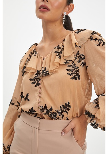 Kadın Fırfırlı Çiçek Desenli Gömlek - Volanlı Kol Ve V Yaka Detaylı Siyah-bej