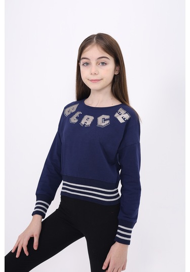 Toontoy Kız Çocuk Sweatshirt Black Varak Baskılı Lacivert