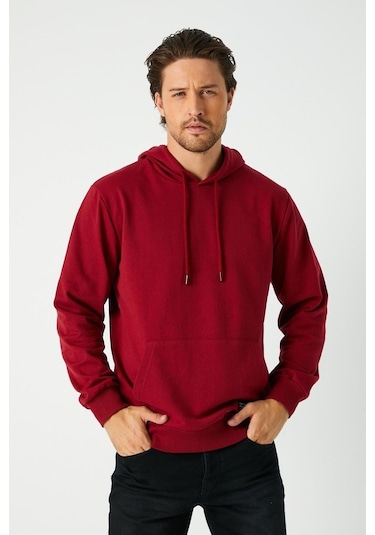 MMetalic Bordo Erkek Kapüşonlu Kanguru Cepli Sweatshirt
