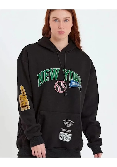 Efnaz Style Baskılı Kapüşonlu Sweatshirt - Siyah