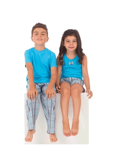 The Don Aile Turkuaz Gri-Lacivert Ekose Erkek Çocuk Pijama Takımı