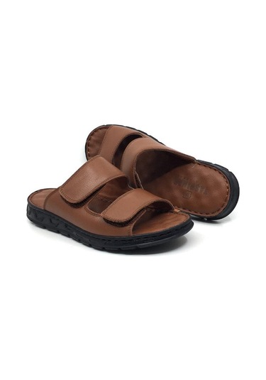 Taşpınar 204 %100 Hakiki Deri Ortopedik Erkek Yazlık Rahat Terlik Ayarlanabilir Cırtlı Taba