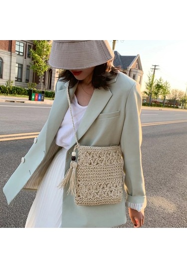 Fastbuy Bej Kağıt Ip Örgü Çapraz Askılı Çanta - El Yapımı Desenli Tatil Plaj Çantası Bej Bej