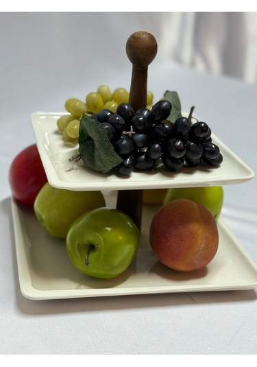 Aless 2 Katlı Tasarım Ahşap Porselen Sunumluk Meyvelik Çere