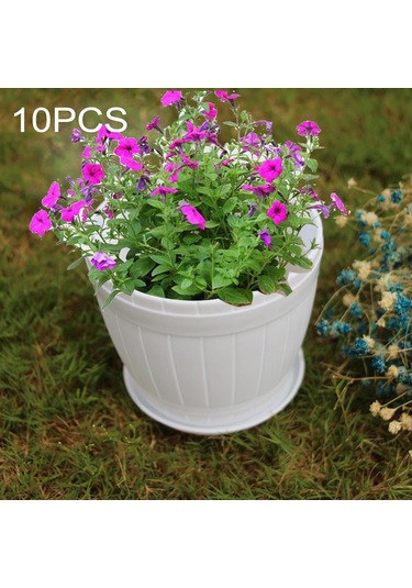 Sones 10 Adet Taklit Ahşap Fıçı Plastik Reçine Saksı Tepsili, Üst Çap: 16cm, Yükseklik: 13.5cm Beyaz