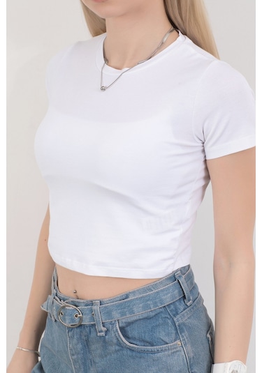 Giysa Kadın Bisiklet Yaka Pamuklu Basic T-shirt Beyaz Ms0000102 Beyaz