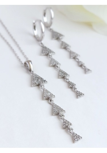 Işıltılı Baget Modern Tasarım Uzun Kolye Küpe Gümüş Gelin Seti