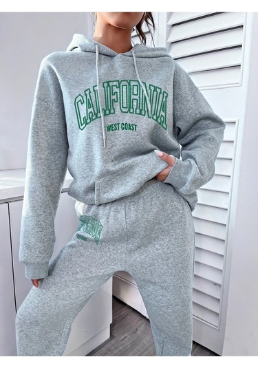 Eşofman Takımı Sweatshirt Jogger - Gri Baskılı Oversize Şardonlu Kapüşonlu Gri