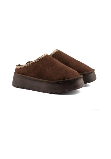 Perth Asimetrik Ağızlı Kadın Nakış Detaylı Kürk Slipper Kahverengi