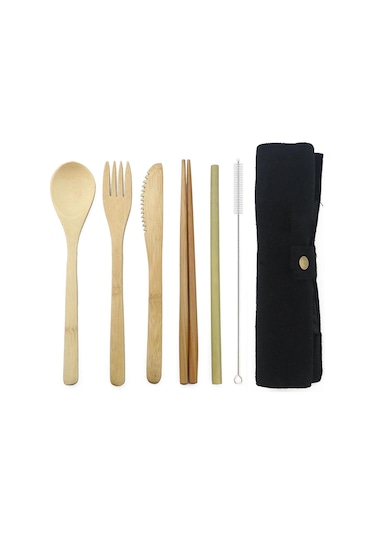 Siyah 7 Adet Takım Elbise Taşınabilir Çatal Seyahat Çevre Dostu Çatal Kaşık Seti Dahil Yenide Bambu Çatal Bıçak Kaşık Tk. 56470380 Siyah
