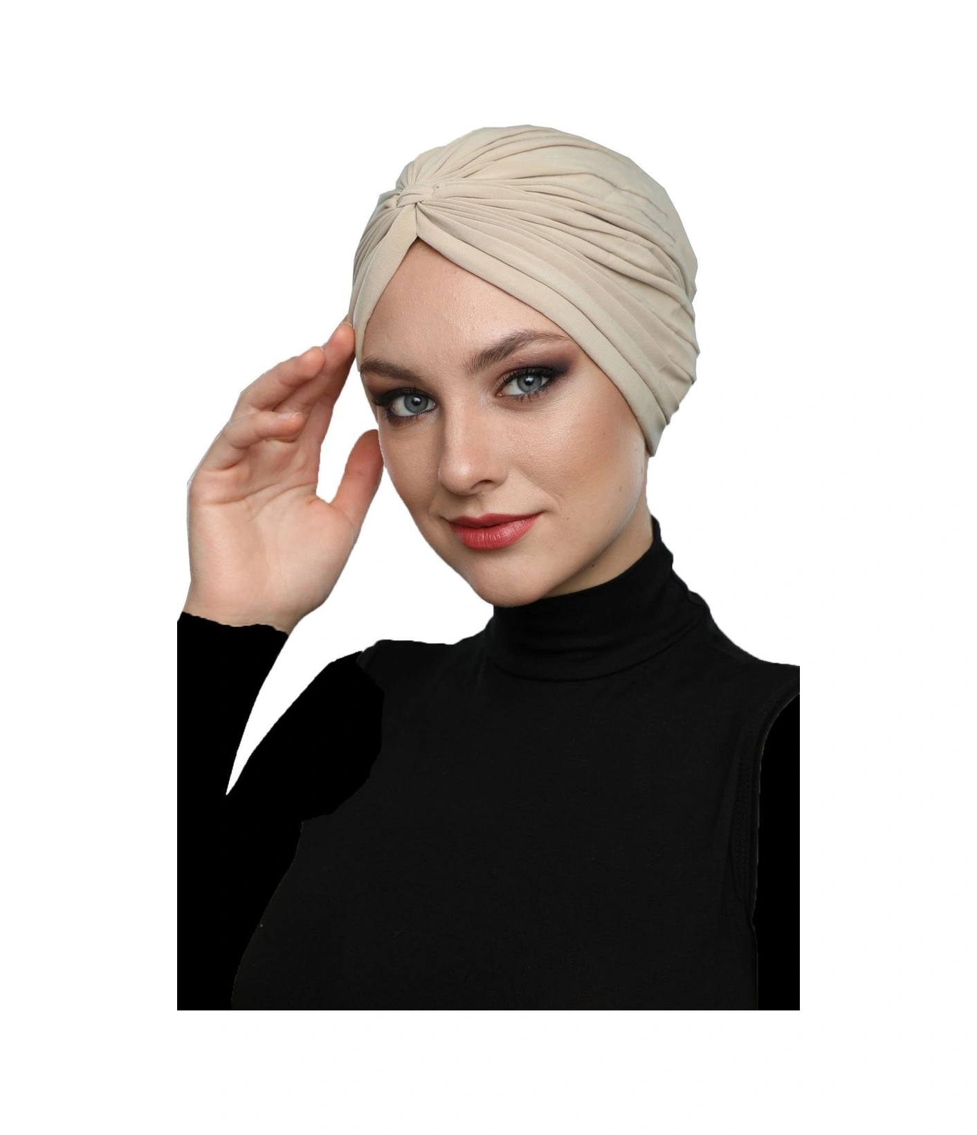Çapraz Bantlı Kum Beji Hazır Türban Tesettür Havuz Bonesi Bej