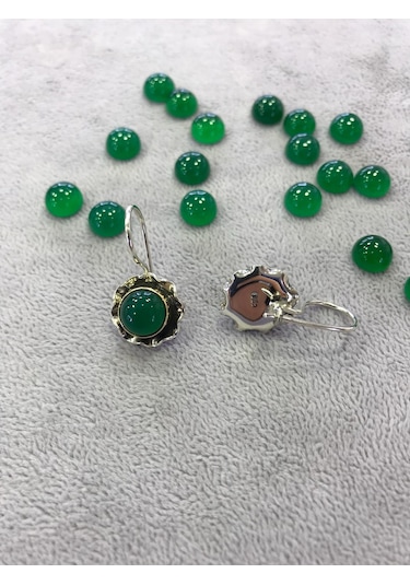 Yeşil Akik Taşlı Gümüş Küpe Taş