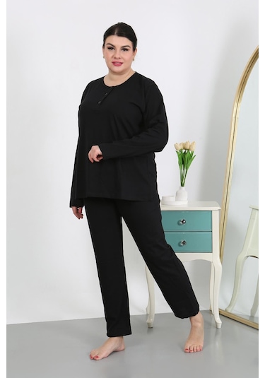 Akbeniz Kadın Büyük Beden Uzun Kol Penye Pijama Takımı Siyah 202501 Siyah
