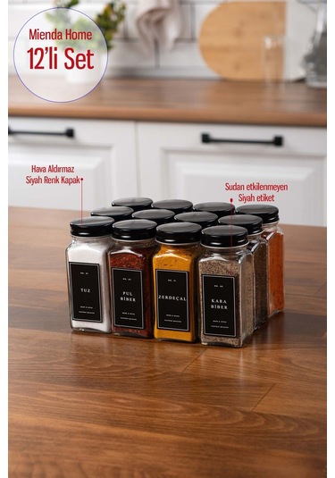 Mienda Home 12 Adet Cam Baharatlık Seti Siyah Etiketli-kapaklı Baharatlık Cam Takım-mh00syh12 Siyah - Şeffaf