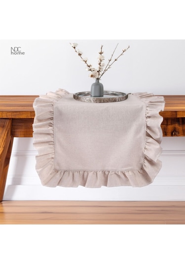 Dnc Home Tekstil Ndchome Fırfırlı Bej Keten Runner Masa Örtüsü Bej