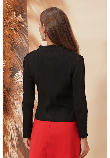 Aqe Fashion Çift Açılır Fermuarlı Polo Yaka Hırka Siyah