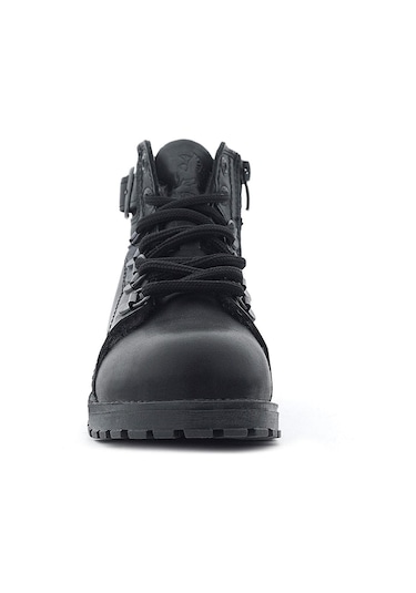 Hakiki Deri Siyah Gerçek Kürklü Bağcıklı Fermuarlı Çocuk Botu Siyah