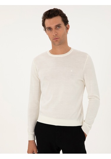 Cacharel Beyaz Slim Fit Yün Karışımlı Bisiklet Yaka Basic Triko Kazak