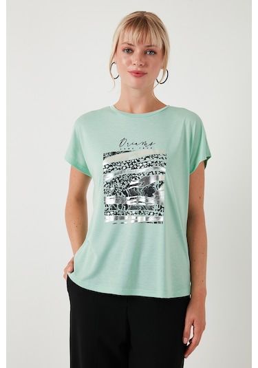 Lela Baskılı Bisiklet Yaka Regular Fit Bayan T Shirt 6671000 Mint