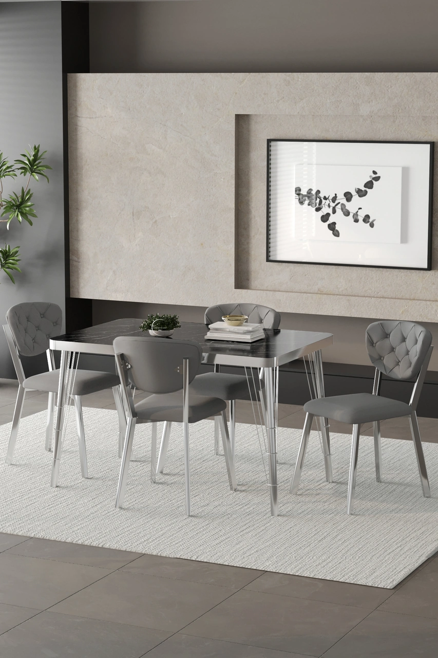 Mutfak Masası Takımı Elma Serisi 4 Sandalyeli Gri Gümüş