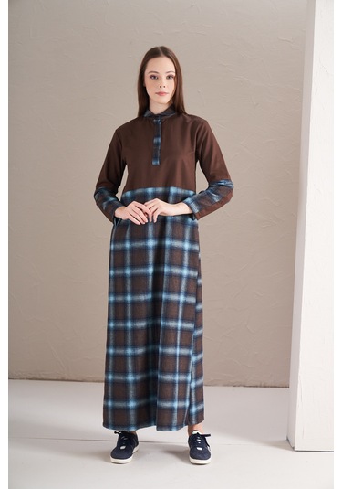 Blok Elbise Büyük Kareli Laci Kahve Laci Kahverengi - Lacivert