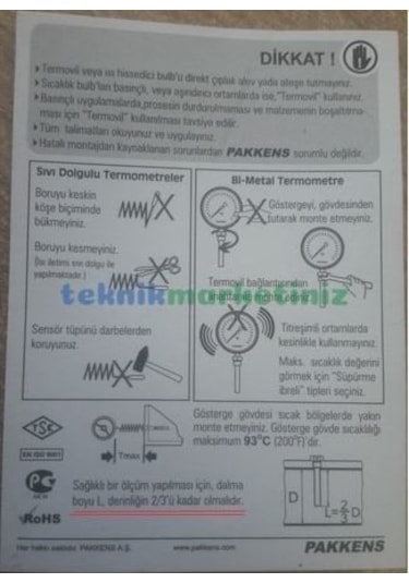 63 MM 500 C Derece 25 Cm Dalma Boylu Fırın Termometresi Pakkens