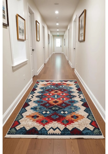 Blghome Kilim Desen Modern Halı Dekoratif Kilim Bej - Mavi