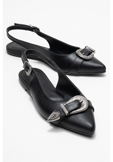 Dorothy Siyah Hakiki Deri Tokalı Sivri Burunlu Kadın Sandalet Siyah