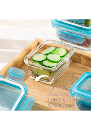 Porsima 4376 6lı Sızdırmaz Kilit Kapaklı Yiyecek Erzak Saklama Kabı Seti - Cam Saklama Kabı - 150ml Mavi Mavi