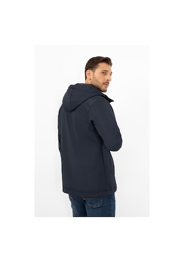 Erkek Lacivert İçi Astarlı Kanguru Cepli Su Ve Rüzgar Geçirmez Kapüşonlu Cepli Yağmurluk Lacivert