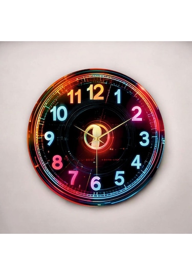 Dijital Görünümlü Neon Renkli Baskı Desenli Sayılı Hediyelik Ahşap Sessiz Duvar Saati 50cm ÇOk Renkli