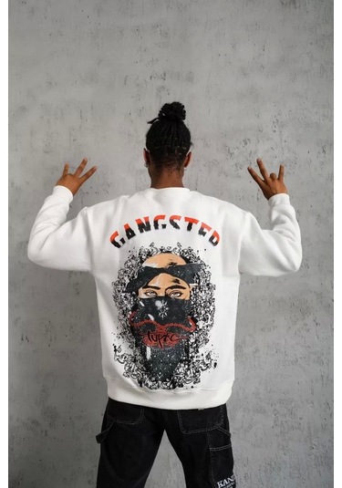 Erkek 3 İplik Gangster Baskılı Sweatshirt - Beyaz Beyaz