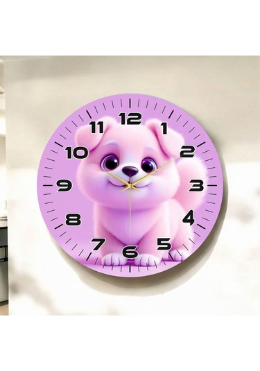 Yavru Köpek Pembe Renkli Baskı Hayvan Desenli Sayılı Hediyelik Ahşap Sessiz Duvar Saati 50cm ÇOk Renkli