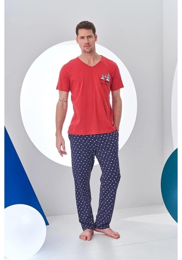 Pjs 24307 Erkek Bordo V Yaka Yelken Baskılı Kısa Kol Pijama Takımı Bordo