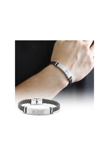 Nipora Kişiye Özel Isim Yazılı Çelik-Deri Bileklik Model-2 Siyah