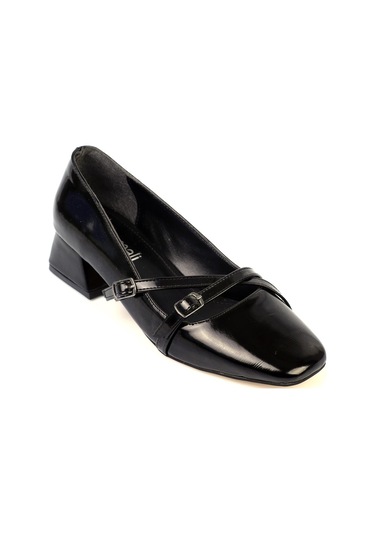 Shoetek Elvinya Kadın Stiletto Kalın Topuklu Çapraz Bantlı Tokalı Küt Burunlu Ayakkabı Siyah Rugan Siyah Rugan